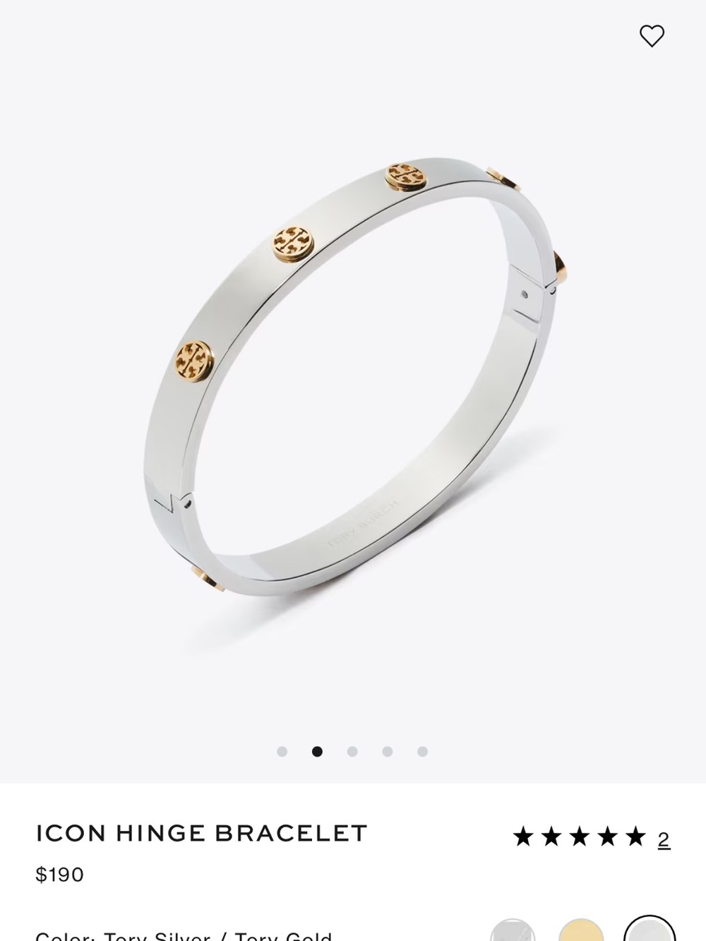 Tory Burch Silver Hinged Bangle with Gold Logo Studs NWT